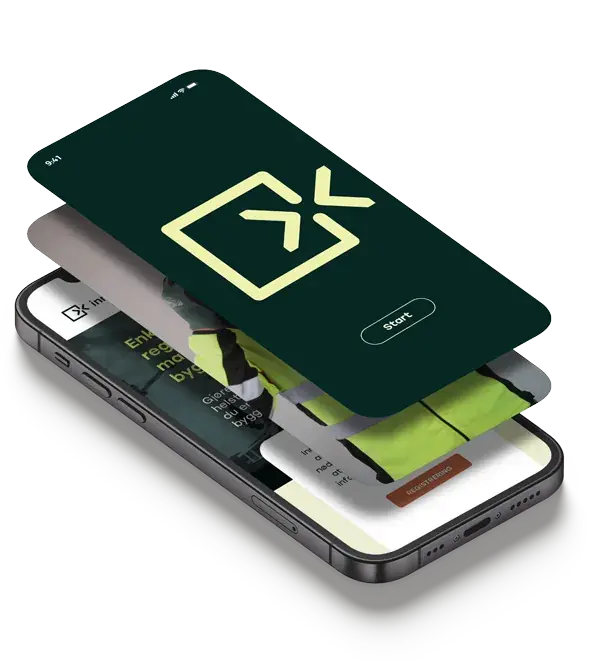 Admissio-appen på mobil, med startskjerm og registrering