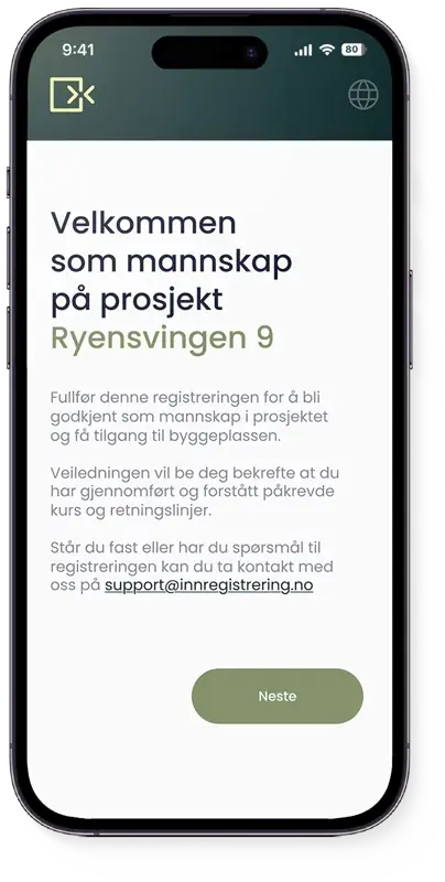 Admissio velkomstskjerm: Velkommen som mannskap på prosjekt